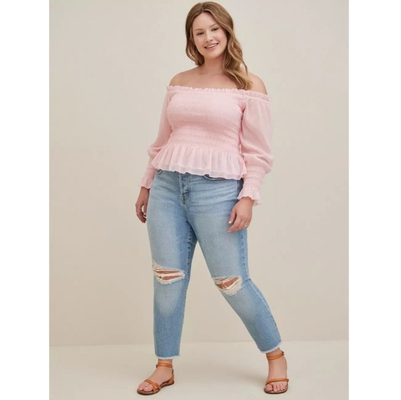 TORRID Romantic Chiffon Smocked Off-Shoulder Top Blush‎ Pink Women Plus Size 6X - Picture 1 of 11